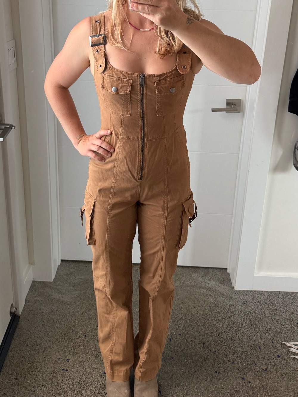 Urban Outfitters Tan Cargo Zip-Front Women's Jumpsuit Overalls